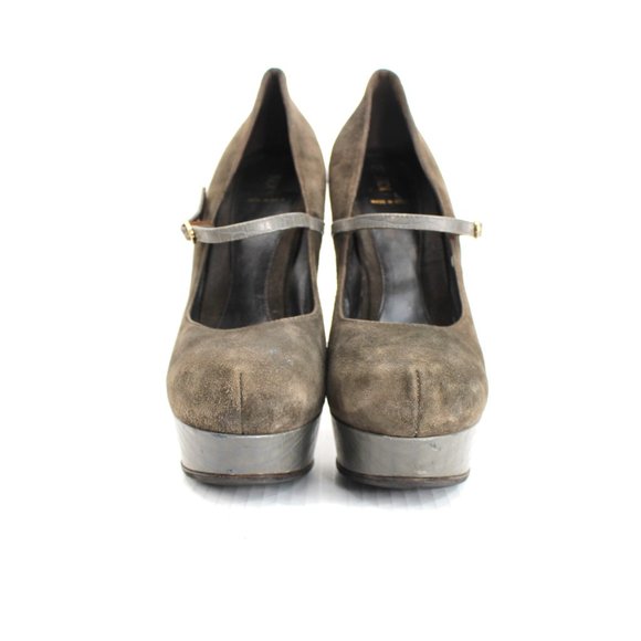 Fendi Olive Suede Croc Platform Pumps Sz 40 Ankle Strap Mary Jane Stiletto Heels - Picture 4 of 14